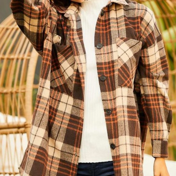 Brown Tartan Plaid Shacket - Picture 1 of 12